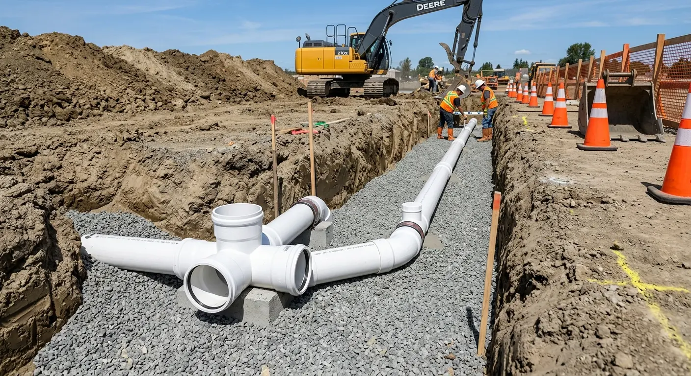 New PVC sewer pipe installation in open trench for Commercial Drain Cleaning in Jennings Lodge